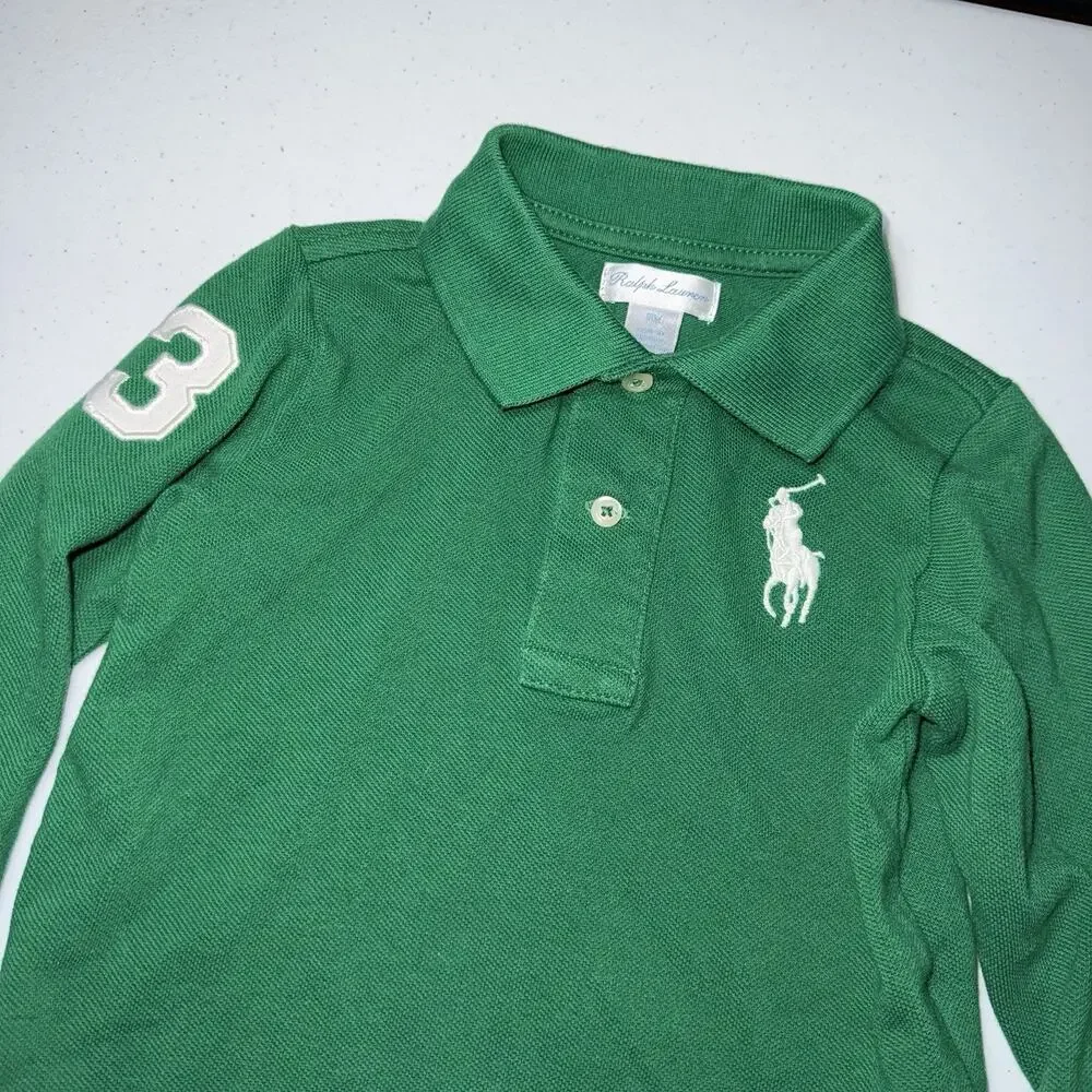 Ralph Lauren Baby Boy’s Cotton Mesh Polo Shirt Long Sleeve Green Size 18M